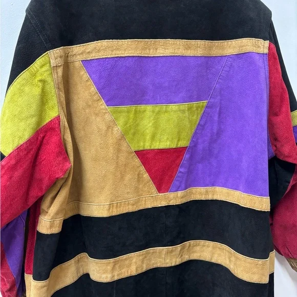Vintage 1980s Roaman's Color-Block Long Suede Geometric Jacket